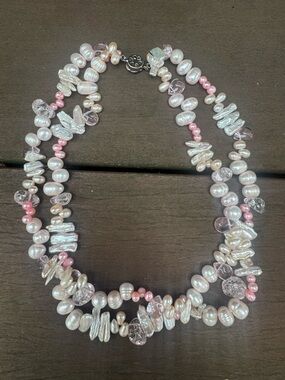 Freshwater Pearl Double Strand Keshi Cluster Rock Shape Necklace